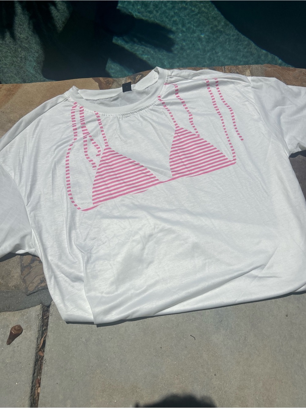 White Short Sleeve Tee with Pink Bikini Graphic